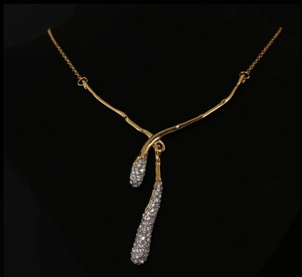 Alexis Bittar Gold Tone Sculptural Twig Branch Lariat Y‑Necklace Pave Crystal